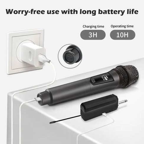 Wireless Microphone UHF Dual Handheld Cordless Dynamic Mic System with Rechargeable Receiver Range for Machine Amplifier Speaker Mixer Karaoke Church Speech Wedding Party Singing in Kuwait