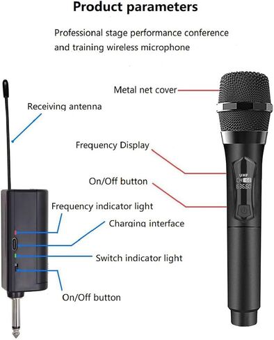 Wireless Microphone UHF Dual Handheld Cordless Dynamic Mic System with Rechargeable Receiver Range for Machine Amplifier Speaker Mixer Karaoke Church Speech Wedding Party Singing in Kuwait