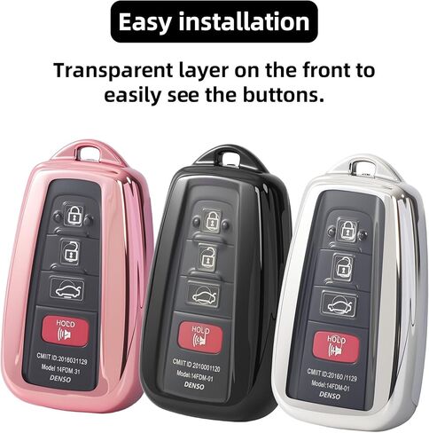 Che Yuefu متوافق مع غطاء Toyota Key fob، 4 أزرار TPU ناعمة مع سلسلة مفاتيح جلدية 360 درجة حماية لمفتاح Camry RAV4 Corolla Highlander Avalon C-HR Prius Smart Key، (فضي) in Kuwait