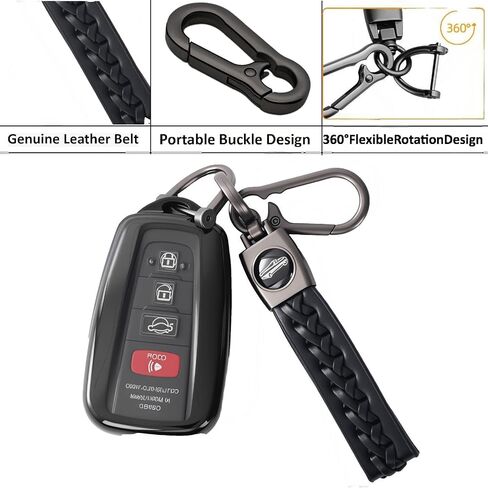 Che Yuefu متوافق مع غطاء Toyota Key fob، 4 أزرار TPU ناعمة مع سلسلة مفاتيح جلدية 360 درجة حماية لمفتاح Camry RAV4 Corolla Highlander Avalon C-HR Prius Smart Key، (فضي) in Kuwait