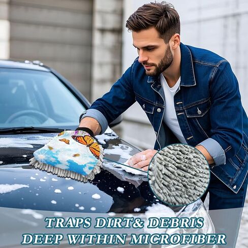 قفازات غسيل السيارات من الألياف الدقيقة الماصة من إسفنجة الشنيل لتنظيف السيارات خالية من الخدوش وزهور الفراشات البرتقالية، حجم كبير × 2 عبوة in Kuwait