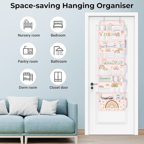 Clastyle Boho Rainbow Kids Over the Door Organizer with 5 Large Pockets Pink Nursery Hanging Storage Organizer Clothes Diaper Toy Cloud Closet Door Hanging Shelf Storage for Bedroom Bathroom Pantry in Kuwait
