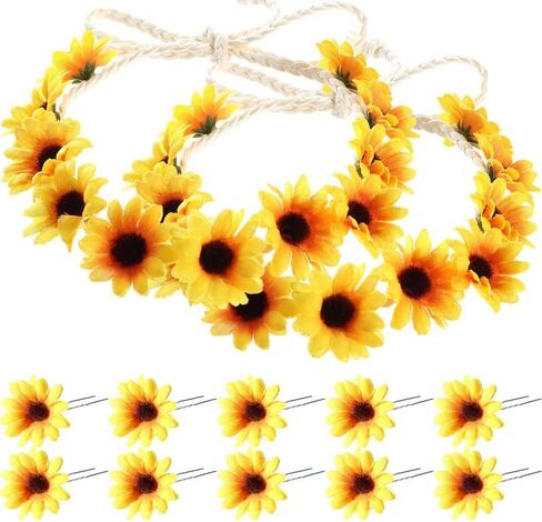 Boao 12 Pcs Sunflower Hair Accessories Include 10 Sunflower Hair Clips and 2 Headband, Hippie Daisy Clips Flower Crown Wreath for Women Bridesmaids Wedding in Saudi Arabia