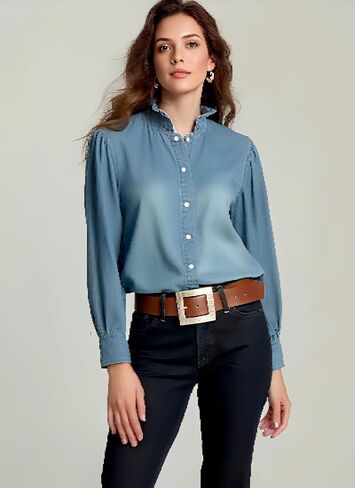 Womens Blue Ruffled Collar Denim Shirt Trendy Snap Fastener Long Sleeve Tops 2025 Fall Western Cowboy Style Tops in Saudi Arabia