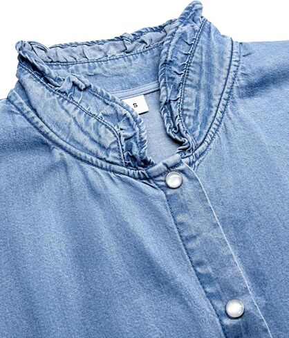 Womens Blue Ruffled Collar Denim Shirt Trendy Snap Fastener Long Sleeve Tops 2025 Fall Western Cowboy Style Tops in Saudi Arabia