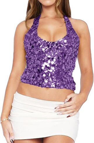 Women Sexy Deep V Neck Sparkly Sequin Halter Top Y2k Slim Fit Sleeveless Open Tie Back Glitter Crop Cami Tank in Saudi Arabia