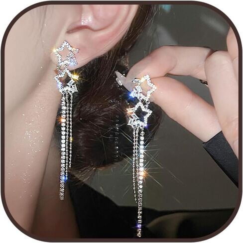 Star Earrings for Women Sparkly Star Long Tassel Earrings Silver Dangle Earring Halloween Costume Jewelry Trendy Christmas Party Prom Jewelry Gifts in Saudi Arabia