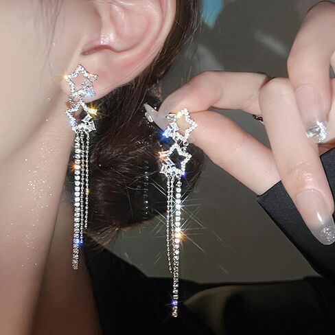 Star Earrings for Women Sparkly Star Long Tassel Earrings Silver Dangle Earring Halloween Costume Jewelry Trendy Christmas Party Prom Jewelry Gifts in Saudi Arabia