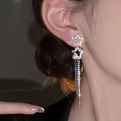 Star Earrings for Women Sparkly Star Long Tassel Earrings Silver Dangle Earring Halloween Costume Jewelry Trendy Christmas Party Prom Jewelry Gifts in Saudi Arabia