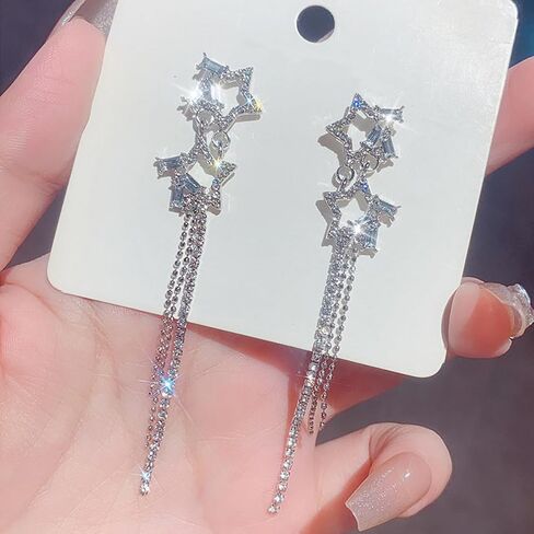 Star Earrings for Women Sparkly Star Long Tassel Earrings Silver Dangle Earring Halloween Costume Jewelry Trendy Christmas Party Prom Jewelry Gifts in Saudi Arabia