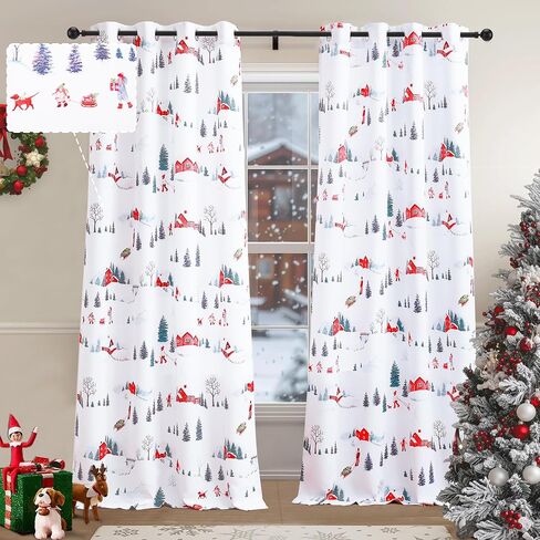 Christmas Curtains for Living Room 2 Panels Set 84 Inch Length,Snowman,Christmas Tree,Gift,Red House,Girl Watercolor Painting Curtain for Bedroom Country Farmhouse Xmas Holiday Decor in Saudi Arabia