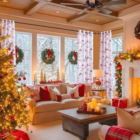 Christmas Curtains for Living Room 2 Panels Set 84 Inch Length,Snowman,Christmas Tree,Gift,Red House,Girl Watercolor Painting Curtain for Bedroom Country Farmhouse Xmas Holiday Decor in Saudi Arabia