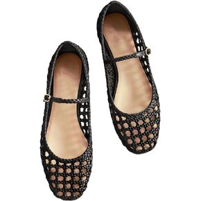 حذاء باليه شبكي منسوج للنساء مع حزام بإبزيم معدني، حذاء راقصة باليه مسطح مريح بمقدمة مستديرة مسطح ماري جين. in Kuwait