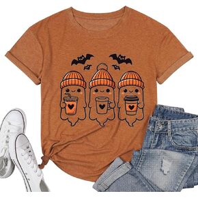 Women Funny Cute Boo Ghost Halloween Thanksgiving Fall Pumpkin Spooy Season Letter Print Graphic Short Sleeve Tee Shirt in Saudi Arabia