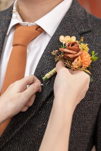 TINGE TIME Boutonniere للرجال والعريس وأفضل رجل بوتونيير لحفلات الزفاف والذكرى السنوية وحفلات العشاء الرسمية وحفلات الزفاف الريفية في الخريف (التيراكوتا) in Kuwait