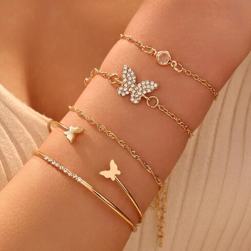 5 PCS Gold Bow Bracelets Set for Women, Elegant Butterfly and Pearl Accented Layered Bracelet Set - Delicate Fashion Jewelry in Saudi Arabia