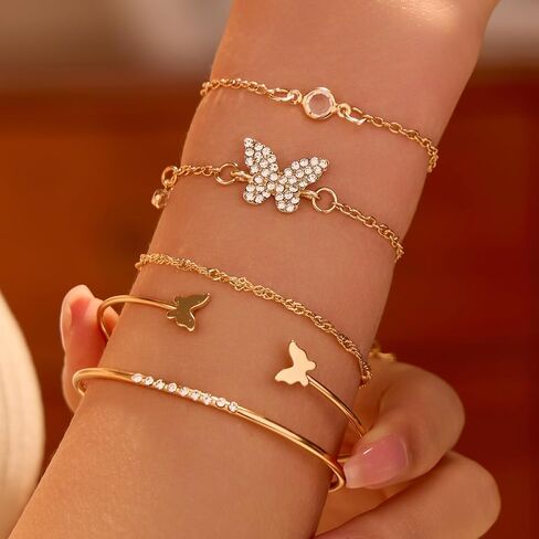 5 PCS Gold Bow Bracelets Set for Women, Elegant Butterfly and Pearl Accented Layered Bracelet Set - Delicate Fashion Jewelry in Saudi Arabia
