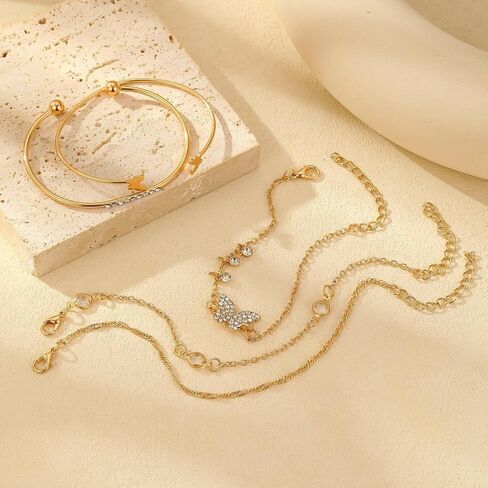 5 PCS Gold Bow Bracelets Set for Women, Elegant Butterfly and Pearl Accented Layered Bracelet Set - Delicate Fashion Jewelry in Saudi Arabia