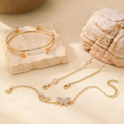 5 PCS Gold Bow Bracelets Set for Women, Elegant Butterfly and Pearl Accented Layered Bracelet Set - Delicate Fashion Jewelry in Saudi Arabia