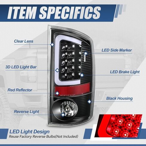 Auto Dynasty LED Tail Light Compatible with 2007-2009 Dodge Ram 1500 2500 3500, Reverse Brake Lamp with Red 3D LED C-Tube Bar, Driver and Passenger Side, Black Housing Clear Lens in Saudi Arabia