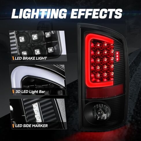 Auto Dynasty LED Tail Light Compatible with 2007-2009 Dodge Ram 1500 2500 3500, Reverse Brake Lamp with Red 3D LED C-Tube Bar, Driver and Passenger Side, Black Housing Clear Lens in Saudi Arabia