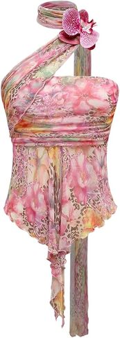 GORGLITTER Women's Halter Scarf Tops Y2K Leopard Floral 3D Flower Summer Vacation Going Out Tube Top in Saudi Arabia