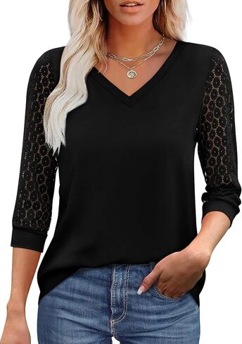 XIEERDUO 3/4 Length Sleeve Womens Tops V-Neck Lace Tunic Tops Business Casual Blouses 2025 in Kuwait