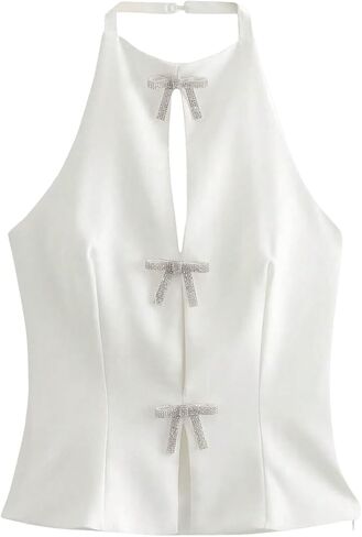 MakeMeChic Women's Rhinestone Bow Knot Sleeveless Backless Halter Top Summer Shirt in Saudi Arabia
