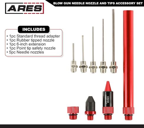 ARES 17007 – 7-Piece High Flow Air Blow Gun Nozzle and Extension Accessory Set – Durable Aluminum Construction– Includes 4 Nozzles, 2 6-Inch Extensions, Standard Thread Adapter - Meets OSHA Standards in Kuwait