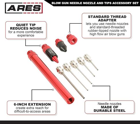 ARES 17007 – 7-Piece High Flow Air Blow Gun Nozzle and Extension Accessory Set – Durable Aluminum Construction– Includes 4 Nozzles, 2 6-Inch Extensions, Standard Thread Adapter - Meets OSHA Standards in Kuwait