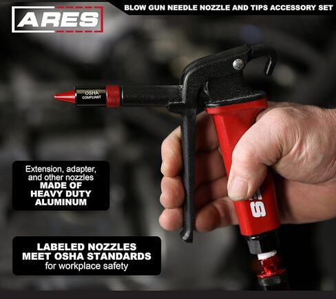 ARES 17007 – 7-Piece High Flow Air Blow Gun Nozzle and Extension Accessory Set – Durable Aluminum Construction– Includes 4 Nozzles, 2 6-Inch Extensions, Standard Thread Adapter - Meets OSHA Standards in Kuwait