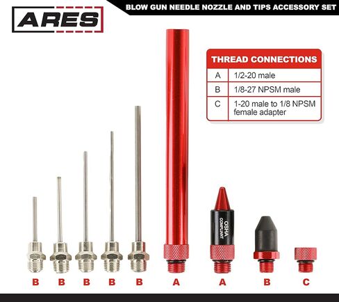 ARES 17007 – 7-Piece High Flow Air Blow Gun Nozzle and Extension Accessory Set – Durable Aluminum Construction– Includes 4 Nozzles, 2 6-Inch Extensions, Standard Thread Adapter - Meets OSHA Standards in Kuwait