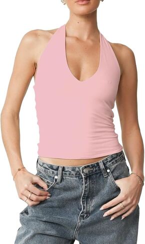 Women's Sexy Deep V Neck Adjustable Halter Top Crisscross Back Sleeveless Crop Top Slim Fit Going Out Summer Clubwear in Kuwait