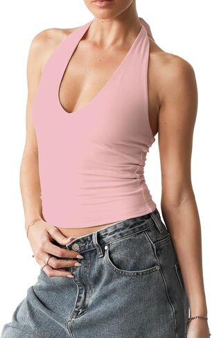 Women's Sexy Deep V Neck Adjustable Halter Top Crisscross Back Sleeveless Crop Top Slim Fit Going Out Summer Clubwear in Kuwait