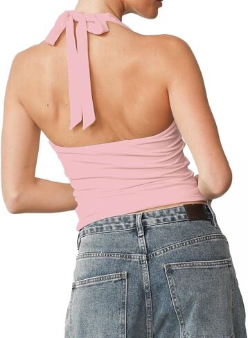Women's Sexy Deep V Neck Adjustable Halter Top Crisscross Back Sleeveless Crop Top Slim Fit Going Out Summer Clubwear in Kuwait