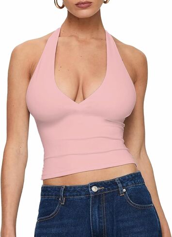 Women's Sexy Deep V Neck Adjustable Halter Top Crisscross Back Sleeveless Crop Top Slim Fit Going Out Summer Clubwear in Kuwait