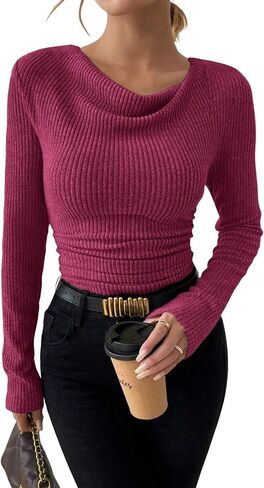 ZAFUL Women's Cowl Neck Long Sleeve Tunic Tops Ribbed Knit Ruched T Shirts Slim Fit Draped Basic Tops in Saudi Arabia