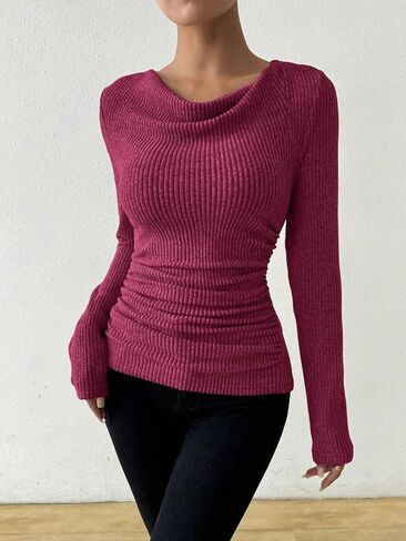 ZAFUL Women's Cowl Neck Long Sleeve Tunic Tops Ribbed Knit Ruched T Shirts Slim Fit Draped Basic Tops in Saudi Arabia