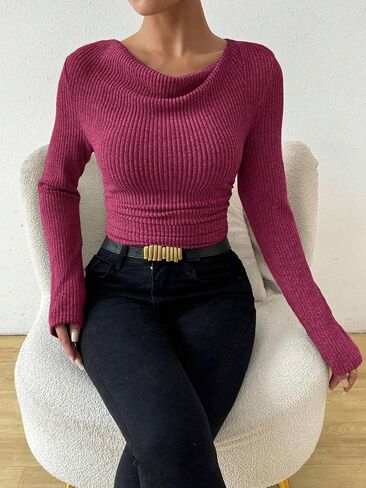 ZAFUL Women's Cowl Neck Long Sleeve Tunic Tops Ribbed Knit Ruched T Shirts Slim Fit Draped Basic Tops in Saudi Arabia