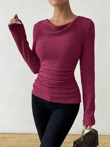 ZAFUL Women's Cowl Neck Long Sleeve Tunic Tops Ribbed Knit Ruched T Shirts Slim Fit Draped Basic Tops in Saudi Arabia