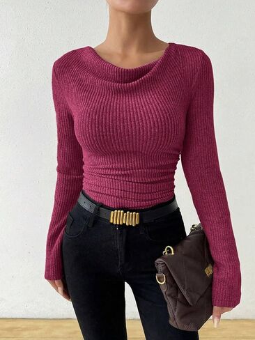 ZAFUL Women's Cowl Neck Long Sleeve Tunic Tops Ribbed Knit Ruched T Shirts Slim Fit Draped Basic Tops in Saudi Arabia