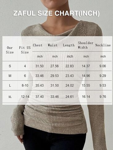 ZAFUL Women's Cowl Neck Long Sleeve Tunic Tops Ribbed Knit Ruched T Shirts Slim Fit Draped Basic Tops in Saudi Arabia