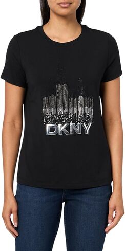 تيشيرت محبوك بشعار DKNY للسيدات من القطن القابل للتمدد in Saudi Arabia