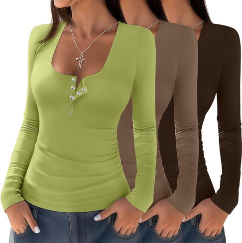3 Pack Women's Henley Tops Fall Cotton Long Sleeve Button T Shirts Casual Trendy Slim Fit U Neck Basic Tight Tee in Saudi Arabia