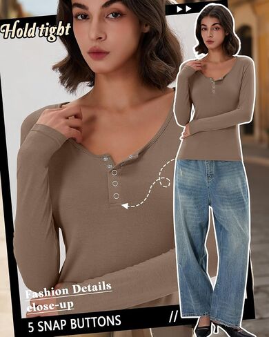 3 Pack Women's Henley Tops Fall Cotton Long Sleeve Button T Shirts Casual Trendy Slim Fit U Neck Basic Tight Tee in Saudi Arabia