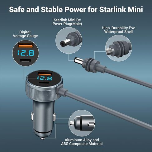 Starlink Mini Cable 12V-48V,Starlink Mini Car Adapter with Digital Display,Cigarette Lighter Adapter with USB C PD 40W& USB A 35W Ports for Trucks and Cars(16.4FT) in Saudi Arabia