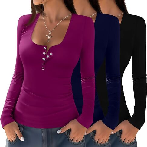 3 Pack Women's Henley Tops Fall Cotton Long Sleeve Button T Shirts Casual Trendy Slim Fit U Neck Basic Tight Tee in Saudi Arabia