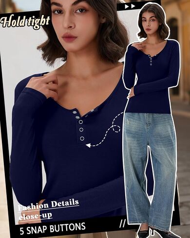 3 Pack Women's Henley Tops Fall Cotton Long Sleeve Button T Shirts Casual Trendy Slim Fit U Neck Basic Tight Tee in Saudi Arabia