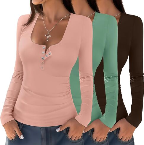 3 Pack Women's Henley Tops Fall Cotton Long Sleeve Button T Shirts Casual Trendy Slim Fit U Neck Basic Tight Tee in Saudi Arabia