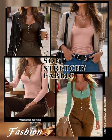 3 Pack Women's Henley Tops Fall Cotton Long Sleeve Button T Shirts Casual Trendy Slim Fit U Neck Basic Tight Tee in Saudi Arabia